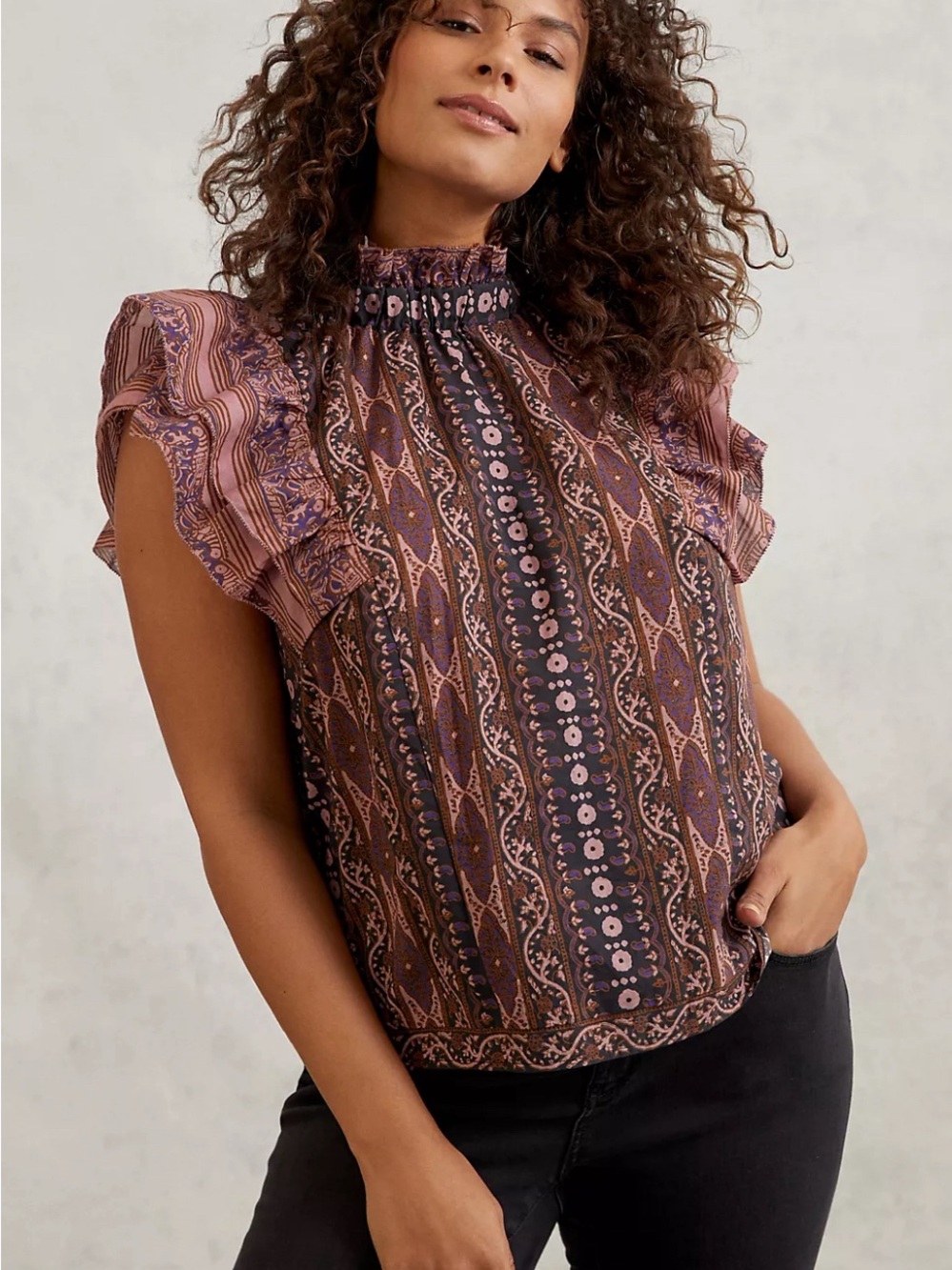 Anthropologie Mauve & Plum Smocked Flutter-Sleeve Blouse